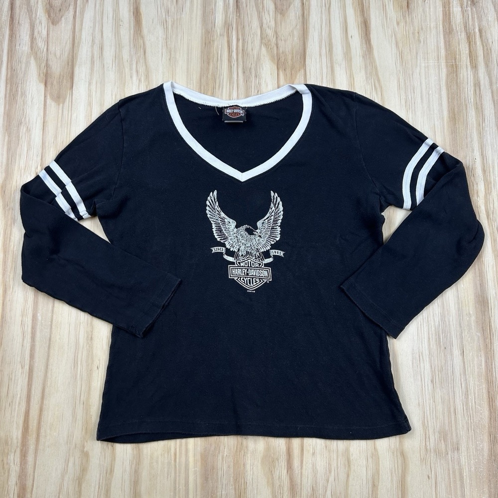Y2K Harley Davidson Women's Long Sleeve Biker T Shirt Black Large Santa Fe NM